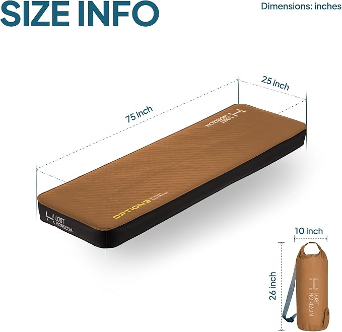 Lost Horizon Air & Foam Camping Mattress, Self-Inflating Sleeping Pad, 4.5" Thick, with Pump Sack, Cot