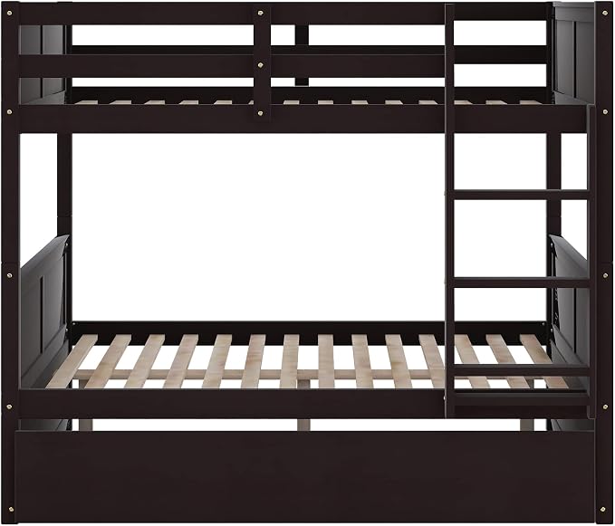 Merax Trundle Bunk Bed, Full Over Full Wood Bunk Bed with Twin Size Trundle, Guardrail and Ladder, Can be Separated into 2 Beds, Espresso