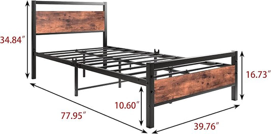 BOFENG Twin Size Bed Frame with Vintage Wood Headboard Farmhouse Bed,Heavy Duty Metal Platform Single Bed Frames No Box Spring Needed,Firm Mattress Foundation Steel Slat Support Easy Assembly(Brown)