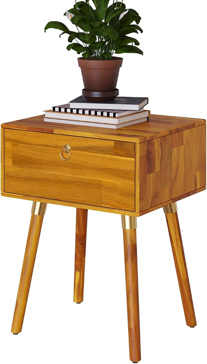 Bme Alden Solid Wood Nightstand/Side Table/End Table, Fully Assembled, with 1-Drawer for Mid Century Bedroom and Living Room, (12mm), Caramel
