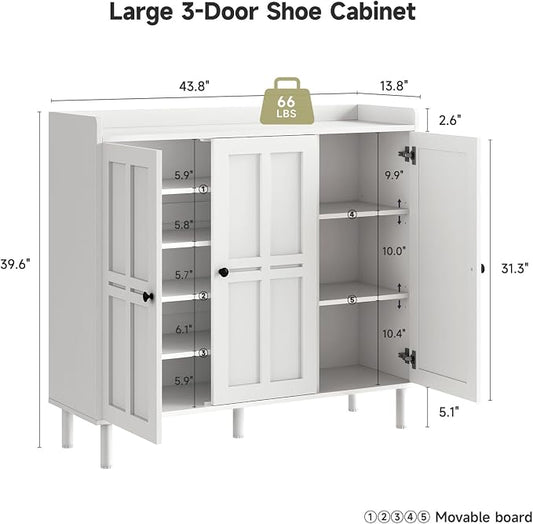 ONBRILL Shoe Cabinet with 3 Doors and Adjustable Shelves, 30 Pairs Shoe Storage Cabinet, 40 Inch Tall Farmhouse Shoe Rack Shoe Organizer Cabinet for Entryway Living Room Closet, White