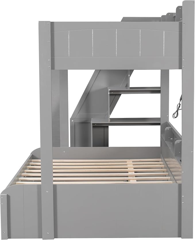 RUNNA Twin Over Full Bunk Bed with Trundle,Storage Stairs,USB Grey | Twin over full bunk bed with trundle, storage stairs, shelves, USB, solid pine wood, guardrails, no box spring needed