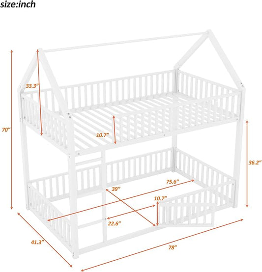 RuiSiSi Metal Bunk Bed Twin Over Twin, Floor House Bunk Bed with Safety Guardrails and Roof for Kids Teens, Twin Bunk Beds for Bedroom, No Box Spring Needed, White