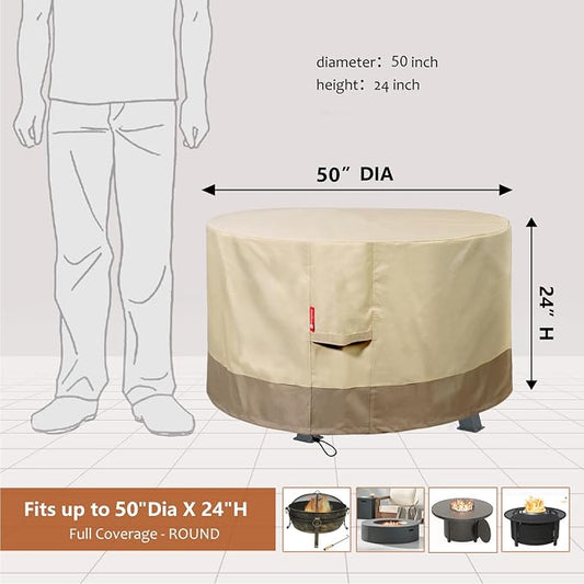 SheeChung Fire Pit Cover Round 50" D x 24" H,Waterproof 600D Material,Beige | PVC inner coating,Heavy Duty Outdoor Propane Fire Pit Cover,Tear & Fade Resistant,Fits Wood Burning Fire Pit Table/Fireplace