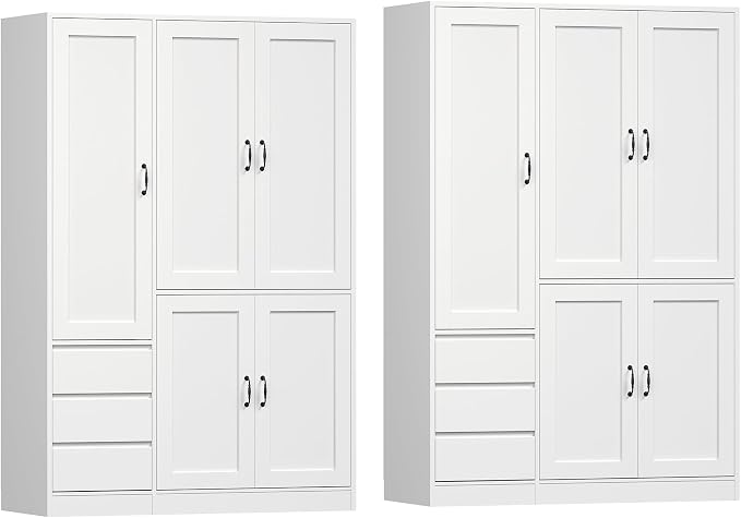 RALGEND Armoire Wardrobe Closet Set of 2, with 3 Drawers and 5 Doors, Wardrobe Cabinet for Bedroom, 70.9" Bedroom Armoire with Hanging Rod, Large Capacity Storage Wardrobe Armoire, White