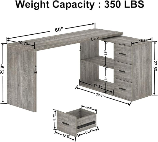 HSH L Shaped Office Desk with Drawers, Reversible Corner Wood Computer Desk Gray, Large L Shaped Desk with Storage Cabinet Shelves for Executive Writing Study, Modern Bedroom Table Grey Oak, 60 Inch