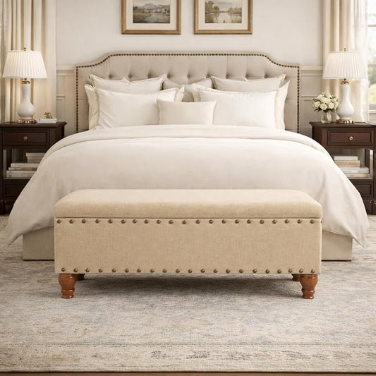 HomePop Large Rectangle Storage Bench with Nail Head Trim - Tan Linen