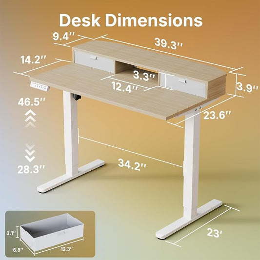 HUANUO 40" X 24" Electric Standing Desk with 2 Drawers, C-Clamp Mount Compatible, Height Adjustable Computer Desk, Home Office Stand Up Desk with 4 Preset Heights & 2 Hooks, Light Walnut