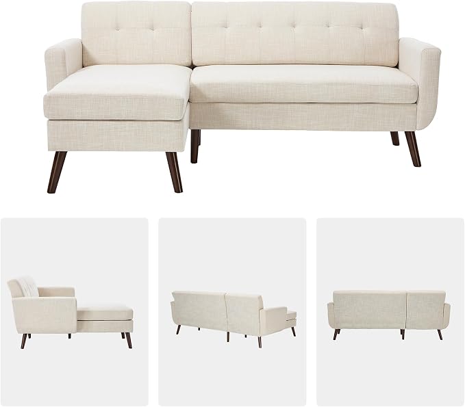 Kingfun L Shaped Couch, 80" W Mid-Century Modern Sofa, Sectional Couches, 3 Seater Sofas with Wide Chaise Lounge, Button Tufted Upholstered Sectional Sofa for Living Room, Bedroom, Beige