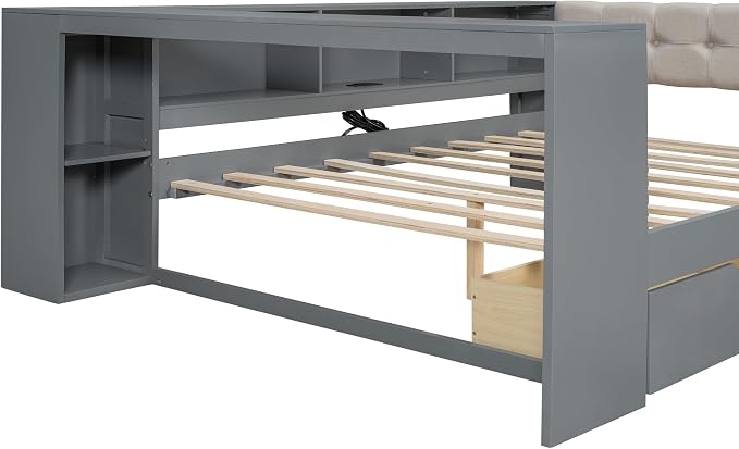Ball & Cast Full Size Wood Daybed with Storage Shelves and Built-in Desk,Platform Bed w/Under-Bed Drawers & Charging Station,Upholstered Headboard,No Box Spring Needed,for Student Dorms,Gray