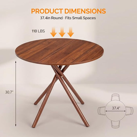 VINGLI 37.5" Round Dining Table for 4, Wood Kitchen Table, Walnut | Cross Metal Leg, Adjustable Feet, Wood Tabletop, Mid-Century Modern Style, for Living Room, Dining Room, Kitchen, Small Place