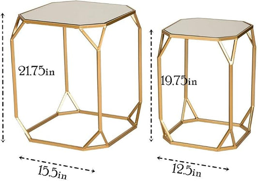 Glitzhome Modern Nesting Tables, Set of 2 Coffee Table with Tempered Glass Top, Side/End Tables for Living Room Bedroom, Accent Tea Tables with Metal Frame - Golden