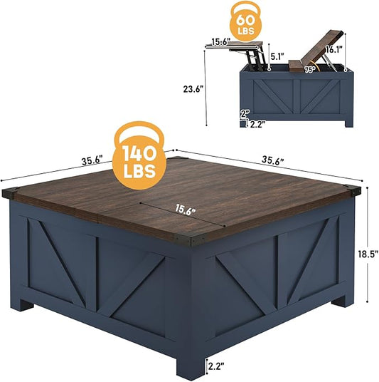 jimeimen Farmhouse Lift Top Coffee Table with Storage, Wood Square Center Table with Charging Station&USB Port, Living Room Table w/Large Hidden Space, for Living Room, Bedroom, Home Office, Blue