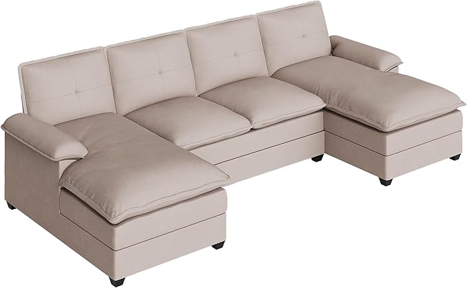 110" Sectional Couches for Living Room,4 Seat U Shape Modular Couch with Thick Cushion & Soft Backrest,Upholstered Sofa Couch with Double Chaise,Beige