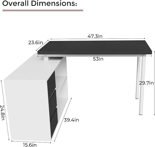 Home Office Computer Desk Corner Desk with 3 Black Drawers and 2 Shelves, 53-inch L-Shaped Study Desk with Storage, White + Black