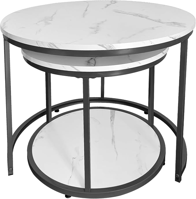 AT-VALY Coffee Table Set of 2 Nesting Tables,Round Side Table for Living Room, Small Accent Table with Storage (Black)