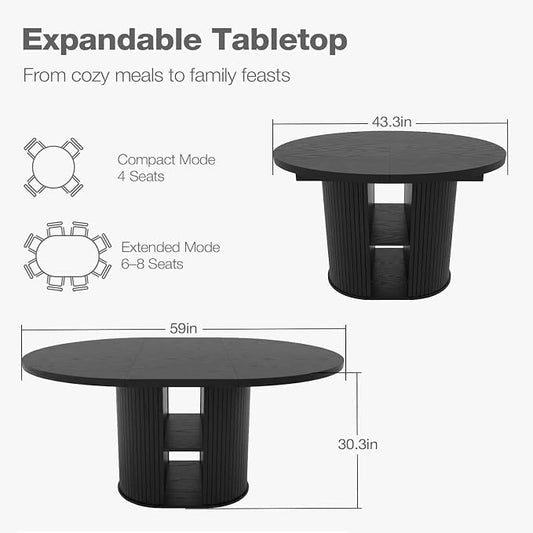43.3''–59'' Extendable Round Dining Table for 4–8, Modern Wood Oval Kitchen Table with Storage Shelf, Space-Saving Expandable Circle Dinner Table for Dining Room or Living Room (Black)