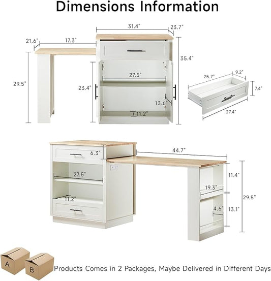 ONBRILL 76" Kitchen Islands with Extendable Dining Table, 2-4 Island Table with Double-Side Storage, Mobile Storage Islands Cart with Power Outlet & Spice Rack, White