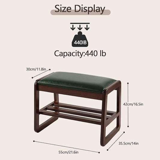 Achicsofar Small Shoe Rack Bench,2 Tier Solid Wooden Entryway Bench(Green) | with Shoe Storage, Shoe Rack with Cushion, for Living Room, Hallway, Garage, 11.8"D x 21.6"W x 16.5"H