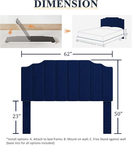 Befurtori Queen Size Headboard Only, Velvet Wall Mounted Headboard Queen/Full Size for Adjustable Bed, Modern Vertical Channel Design with Curved Upholstered Head Board, Royal Blue