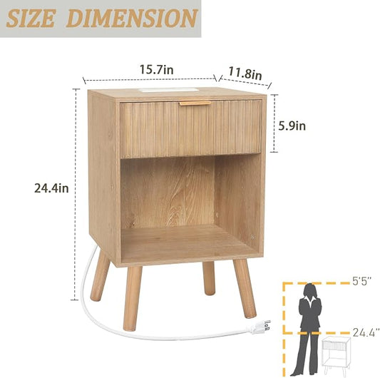 Fultyle Wood Nightstand with Charging Station, Bedside Table with Fluted Drawers and Outlet, Boho Night Stand for Bedroom, Living Room, Office (Rustic Walnut)