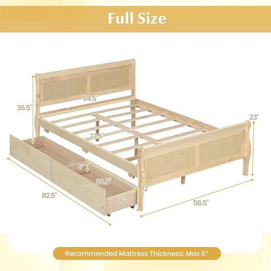 Giantex Full Bed Frame with 2 Storage Drawers, Wood Platform Bed with Headboard & Footboard, Wooden Slats Support Mattress Foundation, Sleigh Bedframe for Teens Adults, No Box Spring Needed (Natural)
