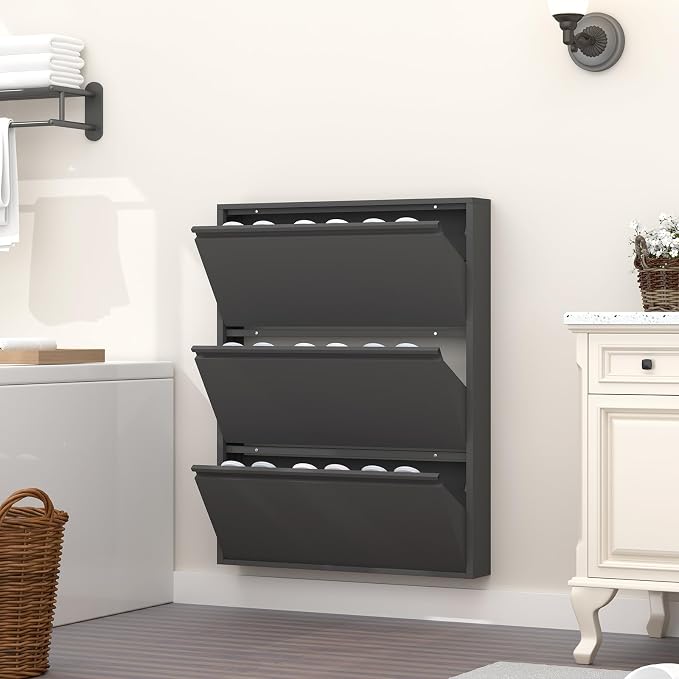 GREATMEET Shoe Cabinet with 3 Flip Drawers, Metal Entrance Shoe Cabinet Storage for Entryway, Modern Hidden Narrow Shoes Rack Organizer Wall Mount for Living Room, Bedroom, Hallway,Black