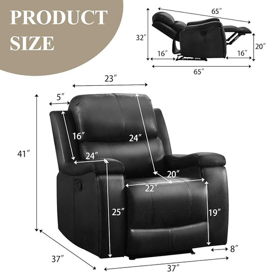 CANMOV Manual Recliner Chair, Classic Faux Leather Recliner Chair with Overstuffed Arms and Back, Manual Single Sofa with Concealed Cup Holders, Black