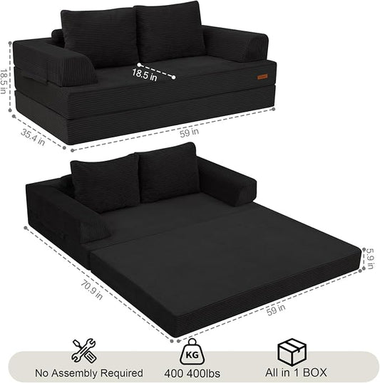 COMAX Futon Sofa Bed, Convertible Sofa Bed, Folding Boneless Couches | Boneless Couch for living room, 4‑in‑1 Fold Out Small Foldable Loveseat Floor Sleeper Mattress Lounge Space‑Saving