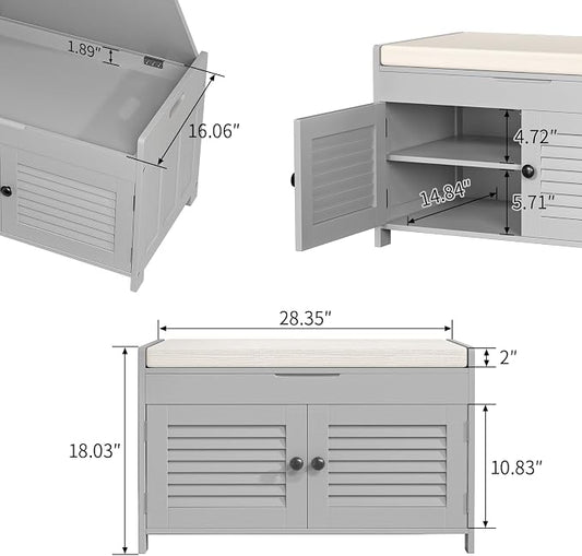 WARMHONIU Shoe Storage Bench with Lift Top Storage, Entryway Bench with Cushioned Seat, Adjustable Shelf, 2 Tier Shoe Rack with Doors for Entryway, Bedroom, Hallway, Mudroom, Grey