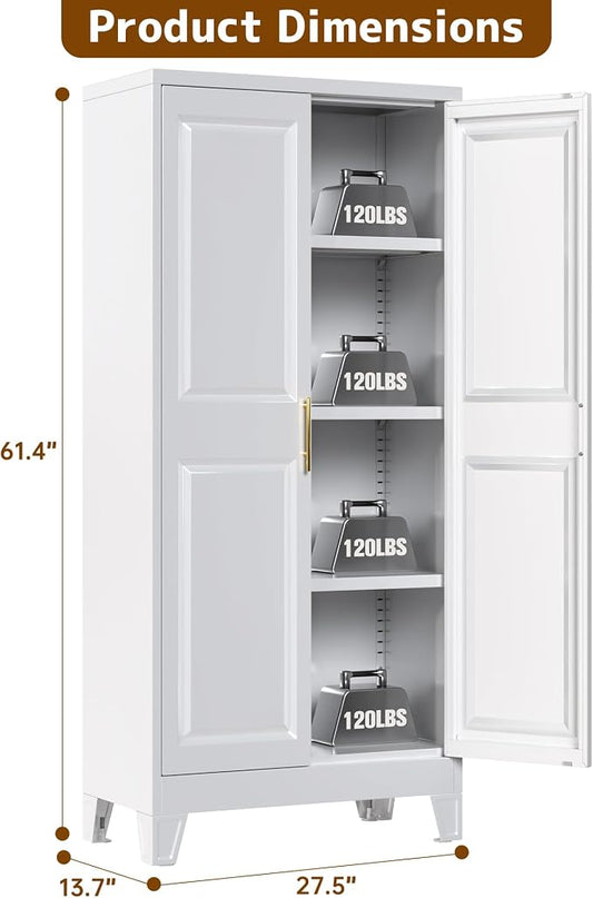 61.4" H Metal Pantry Cabinet with 3 Adjustable Shelves, Kitchen Pantry Cabinet with 2 Doors, Freestanding Food Cabinet for Kitchen, Home, Assembly Required, White