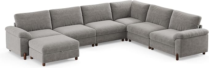 SITJOY Large Cloud Couch, 138" Wide 6 Seater U Shape, Light Gray Chenille | Detachable and Washable Chenille Cover Sectional Sofas for Living Room, Deep Seat Wide Couch with Chaise, Storage Ottoman
