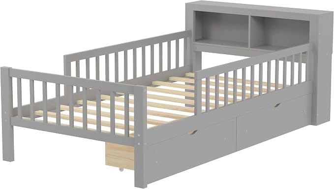 Kids Twin Size Bed Frame with Storage Drawers and Bookcase,Wood Twin Bed Frames for Kids,Twin Bed Frame with Headboard and Footboard for Boys Girls,No Box Spring Needed,Gray