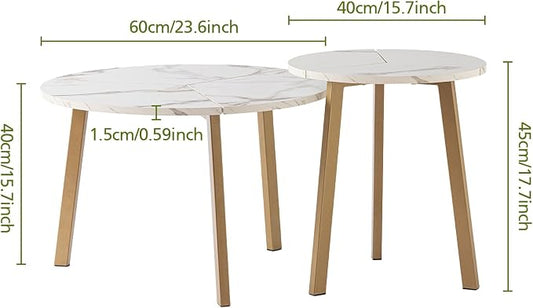 COSIEST Small Coffee Table Set of 2, Round Coffee Table with Sturdy Metal Base, Nesting Coffee Table for Living Room, Bedroom, Office (White & Gold)