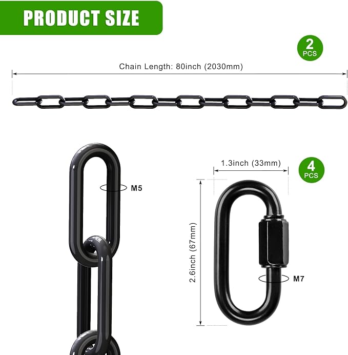 SELEWARE 2 Pack 80 Inch Hanging Swing Chain with 4 Carabiners, 1000LB Capacity Plastic Coated Hanging Chains, Hammock Hardware Kit for Swing, Hanging Chair, Punching Bags, Indoor Outdoor Gym (Black)