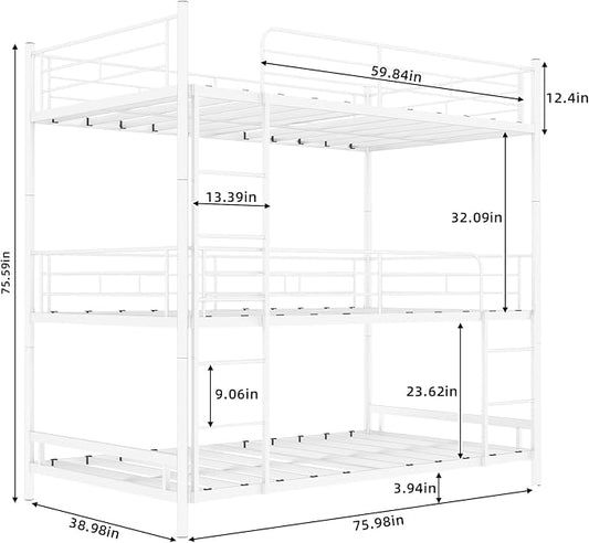 Triple Bunk Bed, Heavy Duty Twin Over Twin Over Twin Metal Bunkbeds with Guardrails, Ladder, 3 Bunk Beds, Bedroom, No Box Spring Needed, Easy Assembly,White