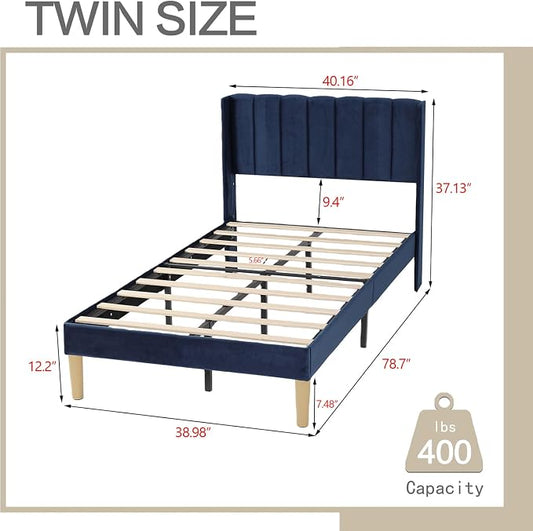 AGARTT Upholstered Platform Bed Frame Twin Size with Headboard and Footboard/Wooden Slats Support/No Box Spring Needed/Easy Assembly,Blue Velvet