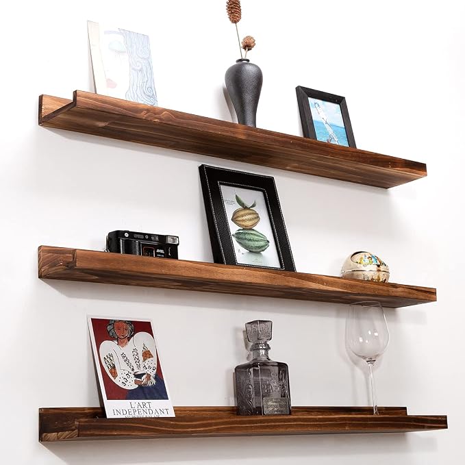 MBYD 48 Inch Picture Ledge Shelf Set of 3, Wall Mount Carbonized Burnt Black Floating Wall Shelves Photo Ledge Natutal Pine Wood for Bedroom, Living Room, Office, Kitchen, Bathroom Same Dimensions