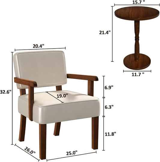 FAGAGA Accent Chairs Set of 2 with Table, PU Leather Chair for Living Room Oversized Armchair with Soft Seat and Armrests for Bedroom Dinning Reading Waiting Room (Leather Beige)