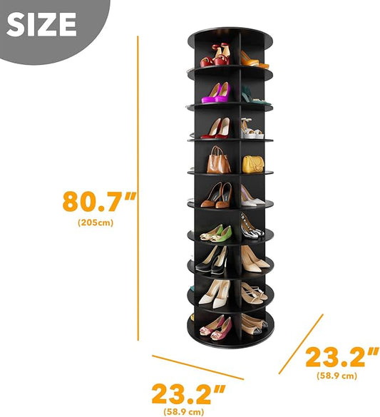 SpaceAid 9 Tier Rotating Shoe Rack Tower, Spinning Shoe Display Lazy Susan, Revolving 360 Shoe Rack Storage Round Carousel, Vertical Handbag Rotate Shoes Closet Organization (9-Tier Black)