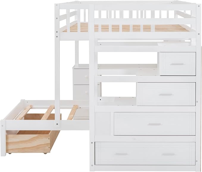 Merax Full Over Twin Bunk Bed with Desk, Drawers and Shelves, White
