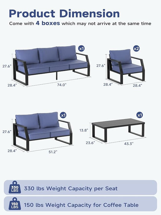 Oversized Modern Outdoor Patio Furniture Set with 5" Thick Cushions, Deep Seats & Wide Armrests, Comfortable Aluminum All-Weather Rustproof UV-Resistant Frame, 7-Seater for Garden, Backyard, Poolside