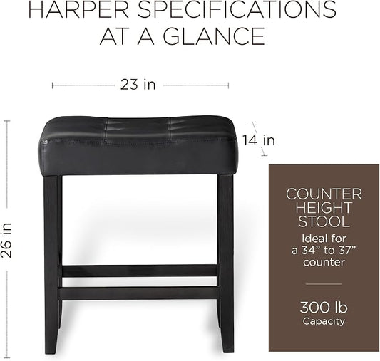 Carte: A La Carte Home Harper 26 Inch Tall Counter Height Backless Stool in Rustic Black Finish, Distressed Black Vegan Leather Upholstered Seat, Set of 2