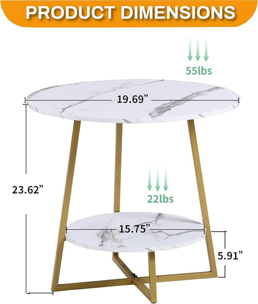 D&H FURNIMMT 20" Living Room Side Table for Small Spaces, 2 Tier Wood Top Round End Tables with Storage Shelf, Accent Sofa Table for Bedroom, Office, Sunroom, Balcony, White Faux Marble/Gold