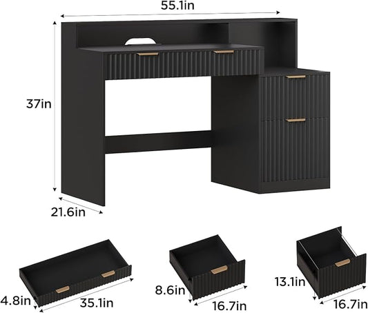 Vabches Fluted Computer Desk with Power Outlets, Home Office Desk with Drawers, Printer Stand, Wood Computer Desk with Long Monitor Stand, Black