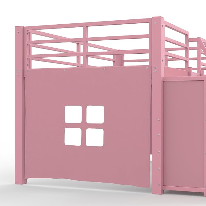 Bellemave Twin Size Low Loft Bed with 8 Fabric Storage Drawers,Metal Loft Bed Frame with Shelves and LED Lights for Boys Girls,Kids Loft Bed Twin Size,Pink