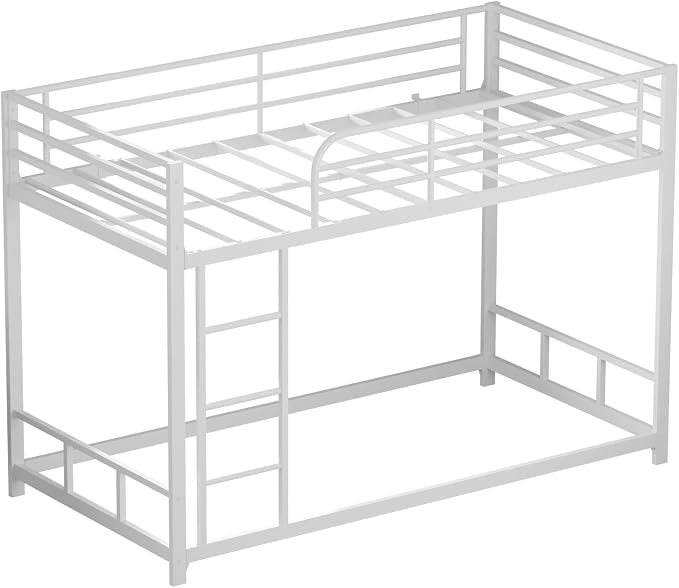 Low Metal Bunk Bed Frame for Kids, with Built-in Ladder, High Guardrail and Metal Slats, Floor Bed Bottom Bunk, No Boxspring Required, for Small Spaces, Twin-Over-Twin (White)