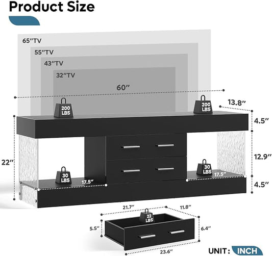 Bestier Modern 60 Inch TV Stand for 65/60/55+ TV, High Gloss Black Entertainment Center with 2 Drawers & LED Lights, Stone-Pattern Side Panels TV Consoles for Living Room, Bedroom