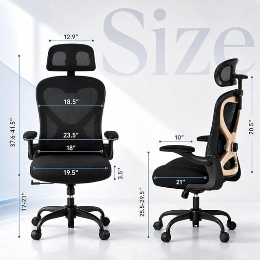 Ergonomic Office Chair, Mesh Desk Chair with Headrest, Lumbar Support, Thick Seat Cushion, Flip-up Arms, High Back Computer Task Chairs for Home Office, Black/Gold