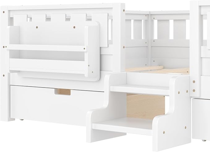Bellemave Queen Size Kids Montessori Bed with Stairs and Bookshelf,Solid Wood Queen Size Kids Bed Frame with Drawers and Storage for Girls Boys,Low-Profile,White